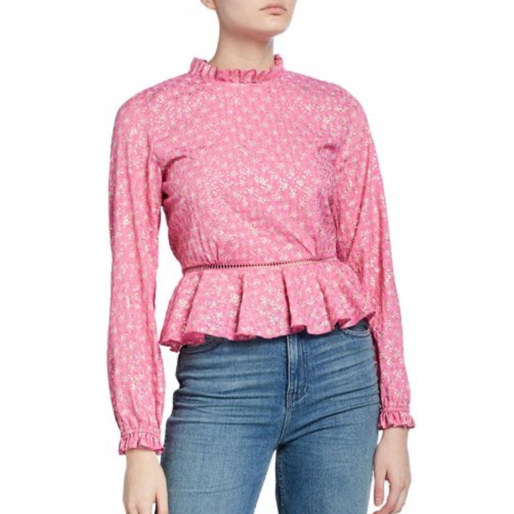 STINE GOYA PINK GOLD STAR PRINT SHIRLEY BACK SLIT OPENING RUFFLE PEPLUM TOP - Picture 13 of 13